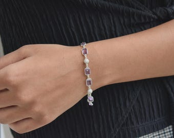 Handmade Sterling Silver Amethyst Station Bracelet, Emerald Cut, February Birthstone Gift