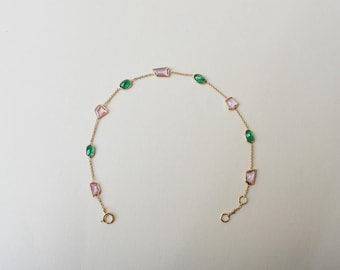 18K Gold Natural Emerald Pink Sapphire Bracelet, Dainty Two Stone Station Bracelet, May Birthstone Gift for Her, Delicate Chain