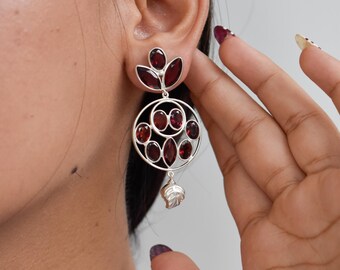 Handmade Garnet Cluster Dangle Earrings, 925 Sterling Silver Statement Jewelry