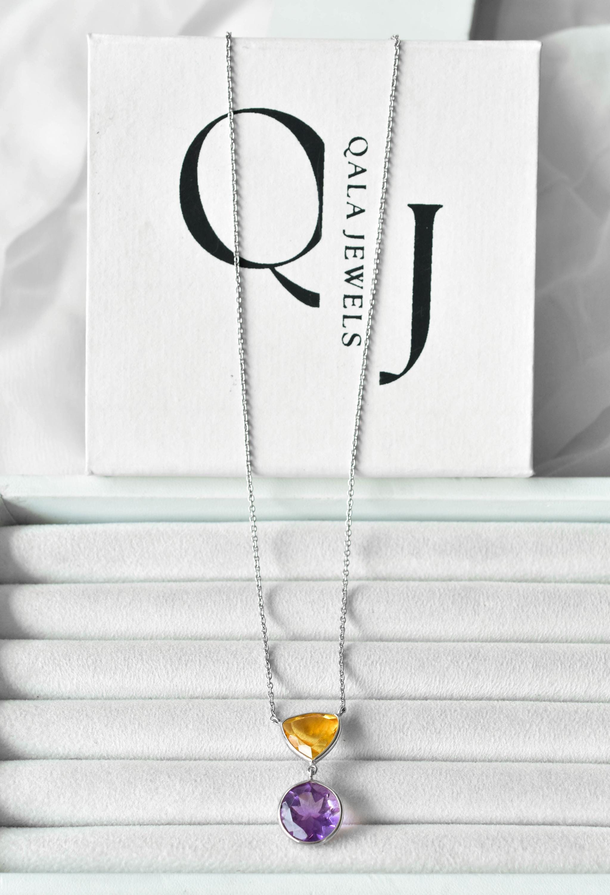 シトリン＆アメジストペンダントネックレス：スターリングシルバーツー