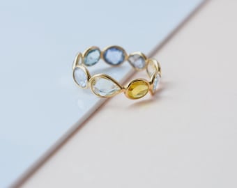 18K Gold Multi-Sapphire Eternity Ring, Marquise Cut, Pastel Ombre Band (Size 6)