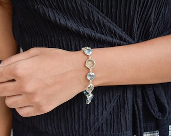 Handmade Green Amethyst & Sky Blue Topaz Bracelet, Gold-Plated Sterling Silver Bezel Links