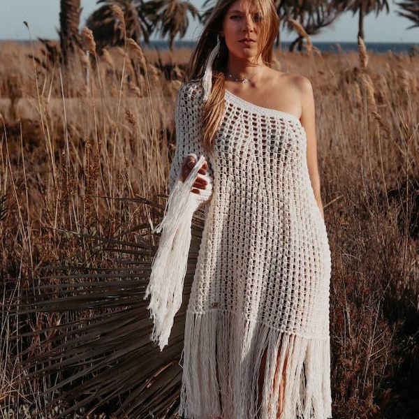 Summer dress crochet, hippie chic dress eco cotton, handmade dress recycled cotton, off white crochet dress, boho style summer dress