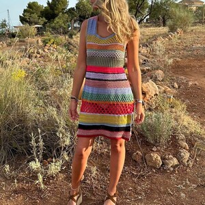 Short crochet dress, colorful summer dress, short boho dress, bohemian dress colors, hippie chic dress crochet, handmade midi cotton dress.