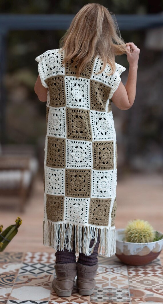 Gehäkelte Boho-Strickjacke, Hippie-Chic-Kimono ohne Ärmel, Sommer