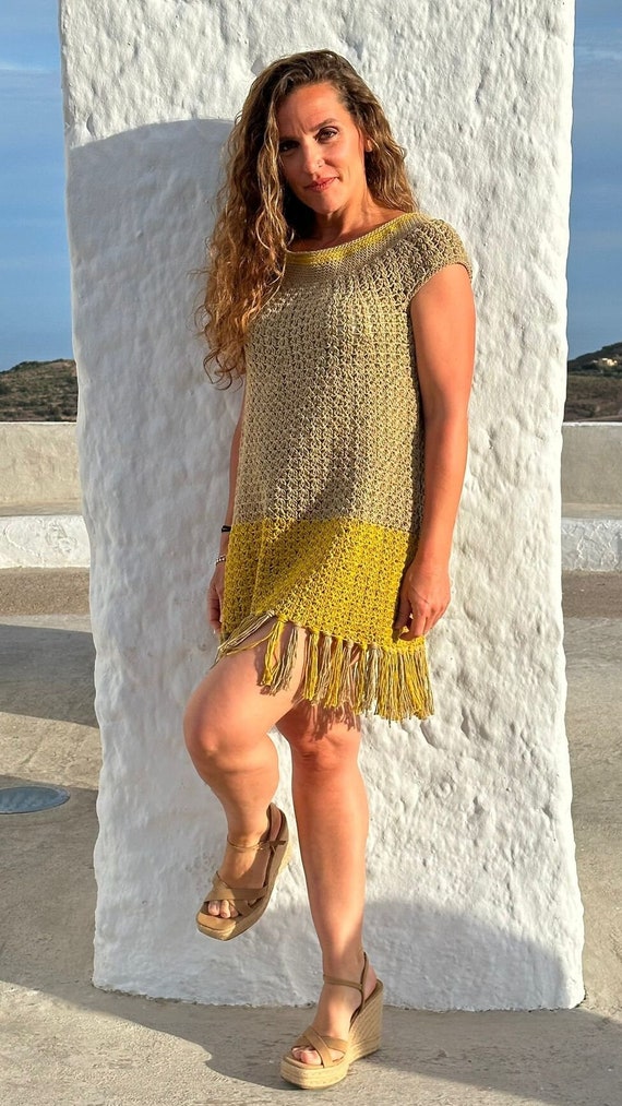 Summer Dress Crochet, Hippie Style Mini Dress Eco, Handmade Dress Eco  Cotton, Crochet Mini Dress With Fringe,hippie Chic Mini Dress Crochet - Etsy