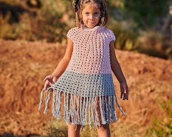 Pink and grey crochet dress girl, handmade dress girl with fringe, crochet dress girl with tassels, handmade summer dress little girl