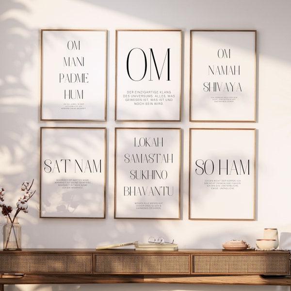 6x MANTRA Poster Spirituelle Poster Yoga Geschenk Wand Deko Wand Bild Poster schwarz weiß Poster Wohnzimmer