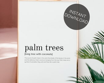 PALM TREES Digital Download Definition Poster Print, Holiday Pictures Bali Decoration Indonesia, Lexicon Minimal Wall Art Bali Quote Home