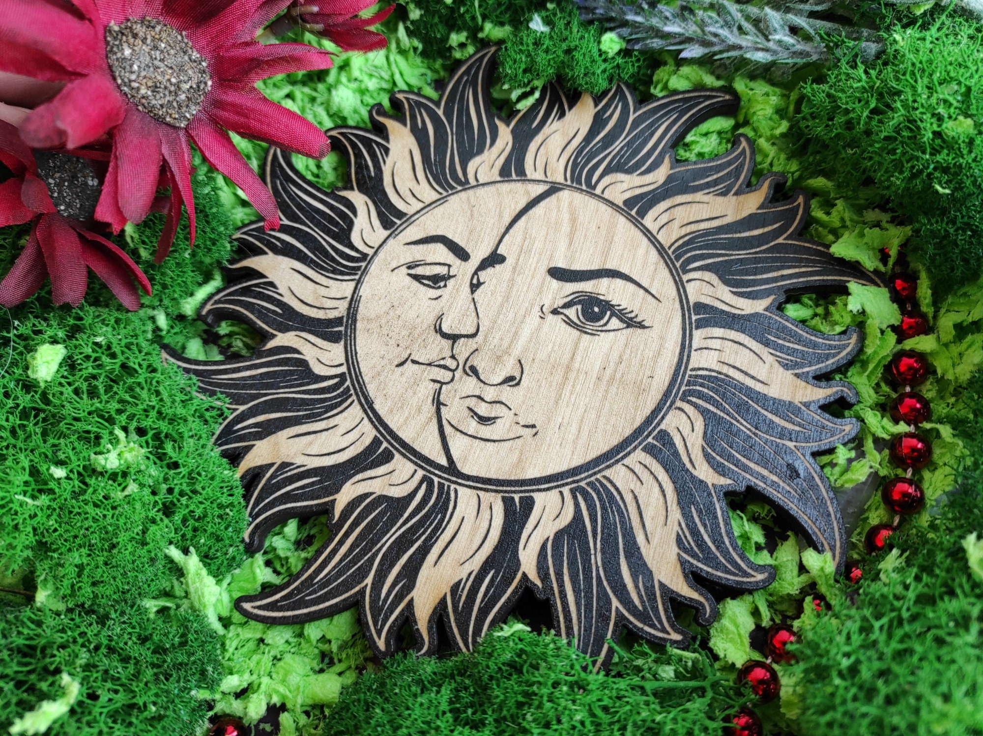 Sun and moon face decor from wood art spiritual decor for | Etsy