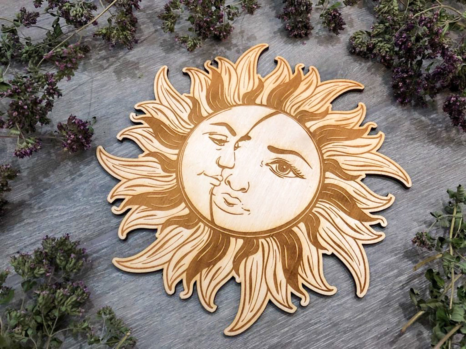 Sun and moon face decor from wood art spiritual decor for | Etsy