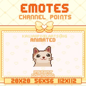 May include: Animated cat emote for Twitch or Discord channel points. The emote is in a frame with a bow and hearts. The text "KAWAIIPIXELARTS@IG ANIMATED" is at the top of the frame. The text "INSTANT DOWNLOAD" is below the cat. The text "28x28 56x56 112x112" is at the bottom of the frame.