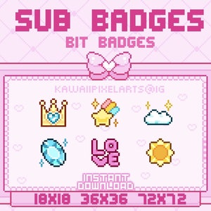 PIXEL sub badges / ready to use / INSTANT DOWNLOAD / bit badges / sub badge / kawaii badge / kawaii pixel / kawaii cloud / kawaii gem