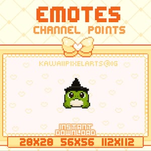 Puede incluir: Una imagen de arte de píxeles de una rana verde con un sombrero de bruja. La rana lleva un sombrero negro con una punta puntiaguda y un borde verde. La rana tiene ojos grandes y negros y una pequeña boca blanca. La rana está sentada sobre un fondo blanco con un patrón de pequeños corazones blancos. La imagen está rodeada por un marco amarillo con el texto "EMOTES CHANNEL POINTS" en la parte superior y "KAWAIIPIXELARTS@IG" en el centro. La parte inferior del marco tiene el texto "28x28 56x56 112x112" en naranja.