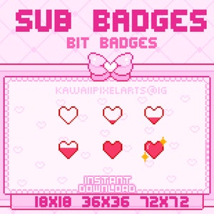 PIXEL sub badges / ready to use / INSTANT DOWNLOAD / bit badges / sub badge 8 bit heart gamer girl