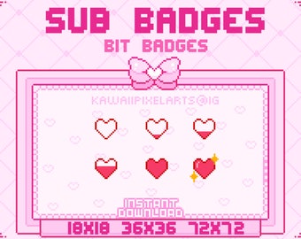 Insignias de suscripción PIXEL / listas para usar / DESCARGA INSTANTÁNEA / insignias de bits / insignia de suscripción chica gamer de corazón de 8 bits