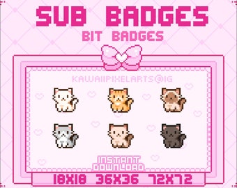 Cat sub badges for Twitch Pixel art 8 bit style - cute cat kitty cat kawaii retro gaming aesthetics gamer