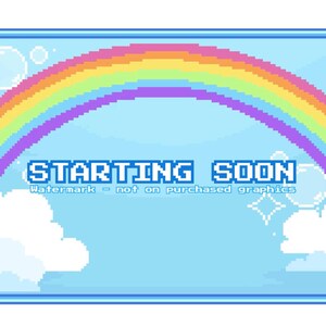Könnte beinhalten: Ein pixelbasiertes Grafikdesign mit einem Regenbogen, Wolken und Sternen auf hellblauem Hintergrund. Der Text "STARTING SOON" ist in blauer Pixel-Schrift dargestellt. Das Bild ist von einem blauen Rahmen umgeben.
