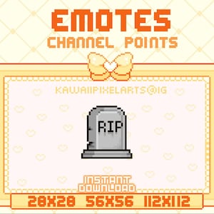 Puede incluir: Una imagen de arte de píxeles de una lápida con la palabra "RIP" en ella. La imagen está rodeada de un marco amarillo con corazones y el texto "KawaiiPixelArts@IG". La imagen está disponible en tres tamaños: 28x28, 56x56 y 112x112.