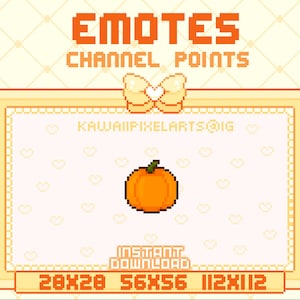 Puede incluir: Una ilustración digital de un emoji de calabaza en naranja y verde, con un fondo blanco y un marco rosa. El texto "EMOTES CHANNEL POINTS" está en la parte superior de la imagen, y el texto "KAWAIIPIXELARTS@IG" está en el centro del marco. El texto "INSTANT DOWNLOAD" está debajo de la calabaza, y el texto "28X28 56X56 112X112" está en la parte inferior de la imagen.