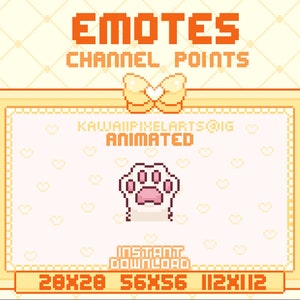 May include: Animated pixel art emotes for Twitch or Discord. The emotes are in a frame with a pink paw print and the text "KAWAIIPIXELARTS@IG ANIMATED". The frame has a yellow bow on top and the text "EMOTES CHANNEL POINTS" at the top. The bottom of the frame has the text "INSTANT DOWNLOAD" and the sizes "28x28 56x56 112x112".