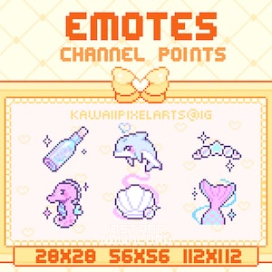 May include: A set of six pixel art emotes featuring a bottle, dolphin, crown, seahorse, seashell, and mermaid tail. The emotes are in various pastel colours and are surrounded by hearts and sparkles. The text "EMOTES CHANNEL POINTS" is at the top of the image, and the text "KAWAIIPIXELARTS@IG" is in the centre of the image.