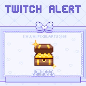 以下が含まれることがあります： 紫色の「TWITCH ALERT」という文字が入ったピクセルアートグラフィック。金貨で溢れる宝箱と、その下に「INSTANT DOWNLOAD」という文字が描かれています。薄い青色のリボンとハートが背景を飾っています。