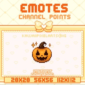 May include: A pixel art illustration of a jack-o'-lantern with a friendly face. The image is surrounded by a pink and orange frame with hearts and the text "KAWAIIPIXELARTS@IG". The text "EMOTES CHANNEL POINTS" is at the top of the image. The text "INSTANT DOWNLOAD" is below the jack-o'-lantern. The text "28X28 56X56 112X112" is at the bottom of the image.