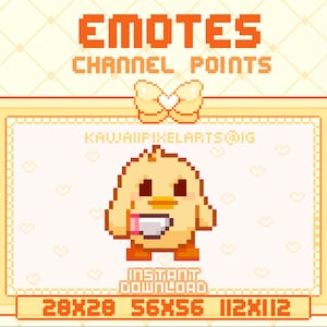 Puede incluir: Una ilustración de pixel art de un pollito amarillo sosteniendo un tazón de ramen. La imagen está enmarcada con un borde amarillo y tiene el texto "EMOTES CHANNEL POINTS" en la parte superior y "KAWAIIPIXELARTS@IG" en el centro. La parte inferior de la imagen tiene el texto "INSTANT DOWNLOAD" y los tamaños "28x28 56x56 112x112".