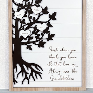 May include: A black silhouette of a tree with white hearts on the branches. The hearts have names written on them: Caitlin, Hailey, Bubba, Aja, and Nathan. The text below the tree reads: "Just when you think you know all that love is... Along come the Grandchildren."