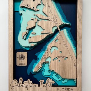 Mapa de madera grabado de 7 capas de Sebastian Inlet, Florida, Día del Padre de Florida imagen 3
