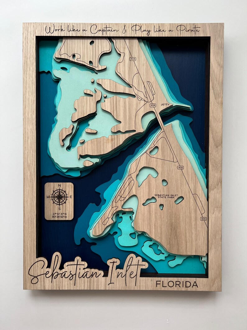 Mapa de madera grabado de 7 capas de Sebastian Inlet, Florida, Día del Padre de Florida imagen 3