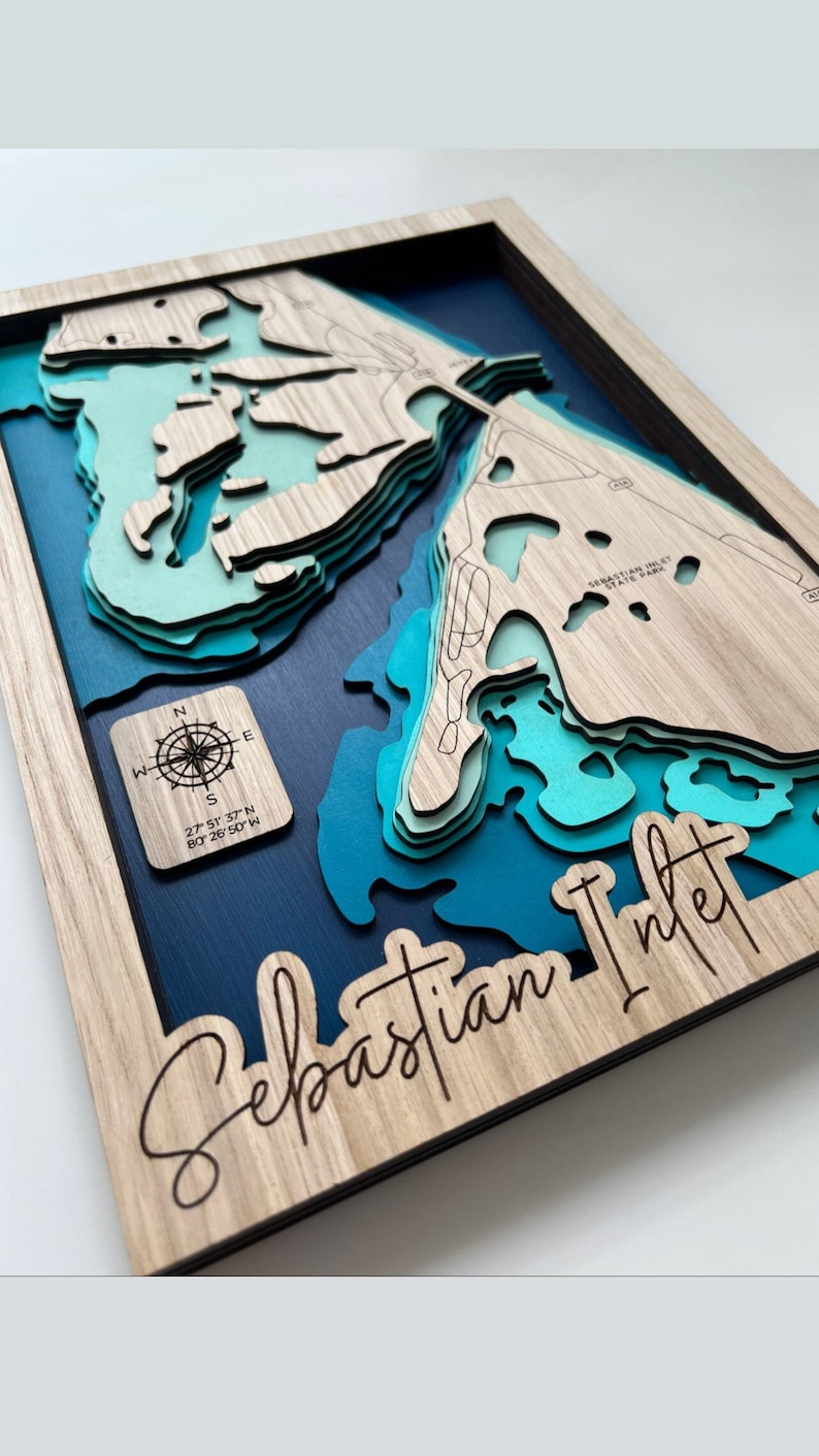 Mapa de madera grabado de 7 capas de Sebastian Inlet, Florida, Día del Padre de Florida imagen 1