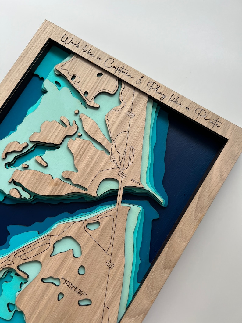 Mapa de madera grabado de 7 capas de Sebastian Inlet, Florida, Día del Padre de Florida imagen 4