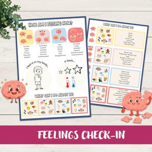 May include: Two educational posters titled "HOW AM I FEELING NOW?" and "WHAT CAN I DO ABOUT IT?" are shown. The posters feature illustrations of emotions and coping strategies, with a pink brain character and the text "FEELINGS CHECK-IN".