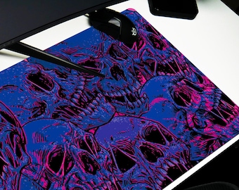 Fierce Skulls Cyber Midnight Mouse Pad the Perfect Gift for Gamers Cyberpunk Style Skulls with Medieval Ancient Horror Vibe Blue and Pink