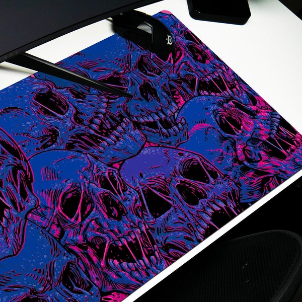 Fierce Skulls Cyber Midnight Mouse Pad the Perfect Gift for Gamers Cyberpunk Style Skulls with Medieval Ancient Horror Vibe Blue and Pink