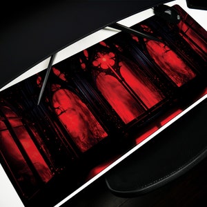 Red Illumination Mouse Pad and Desk Mat, Desk Pad Shining Red Lights through a Black Metal Castle Window Dark Fantasy Enthusiasts.