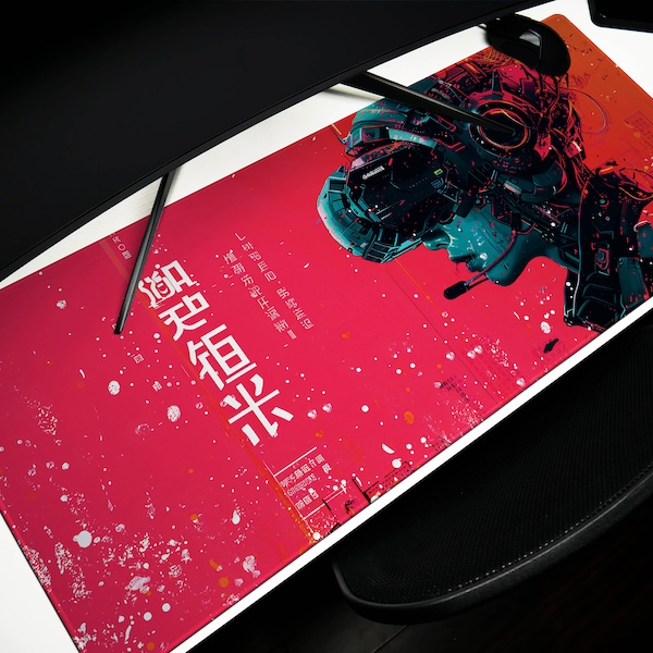 Cybernetic Vision Design 4, Desk Pad, Red Interface, Asian Fusion, Tech Noir Elegance, Wide Format, Cyberpunk Aesthetics