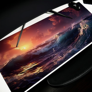 Stormy Sunset Waves Mouse Pad: Oceanic Desk Mat