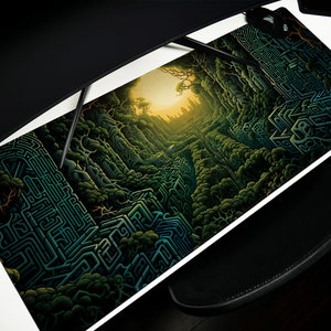 May include: A green and black patterned mousepad with a design of a city built into a forest. The city is made of geometric shapes and the forest is made of trees and leaves.
