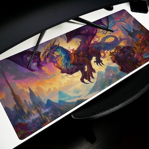 May include: A fantasy-themed mousepad featuring a vibrant purple, blue, and gold dragon soaring through a colorful sky with a castle in the background.