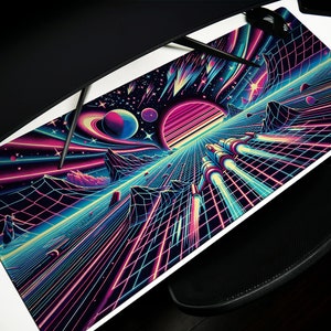 May include: A retro-style gaming mouse pad with a neon pink, blue, and green design. The design features a grid pattern, a planet, and a spaceship flying through space.