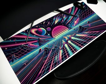 Retro 8-Bit Space Run Desk Pad: Neon Lights Gaming Desk Mat