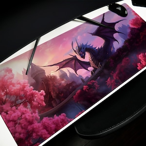 May include: A purple dragon with blue eyes and wings is flying over a pink and purple fantasy landscape. The dragon is perched on a stone structure with a pink cherry blossom tree in the foreground.
