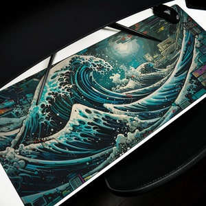 Cyber Wave Fusion Mouse Pad and Desk Mat: Iconic Great Wave Meets Retro Cyberpunk, Futuristic City and Cosmic Background, Vibrant Design