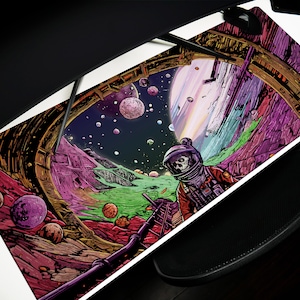 Haunted Planet Desk Mat: Skeleton Astronaut, Vibrant Space Scene