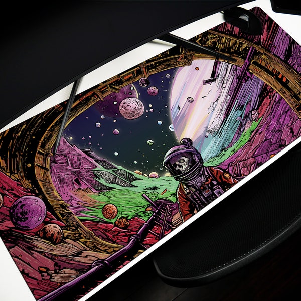 Haunted Strange Planet Mouse Pad and Desk Mat, Awe-Inspiring Space Scene, Vibrant Colors, Futuristic Spaceship, Cosmic Adventure Skeleton