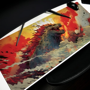 Fierce Godzilla Desk Pad, Mouse Pad, Desk Mat, Roaring Pose with Fiery Backdrop