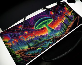 Mystic Fungi Desk Pad: Neon Mushroom Dreamland Mouse Pad